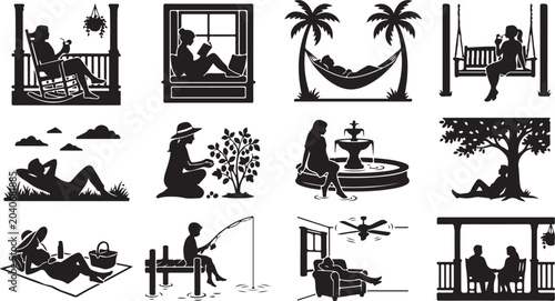 Tableau sur toile Collection of silhouettes: people enjoying relaxing activities outdoors and indo