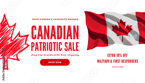 Foto Canadian Patriotic Sale featuring a large Canadian flag and maple leaf graphic, promoting discounts for top brands and military/first responders