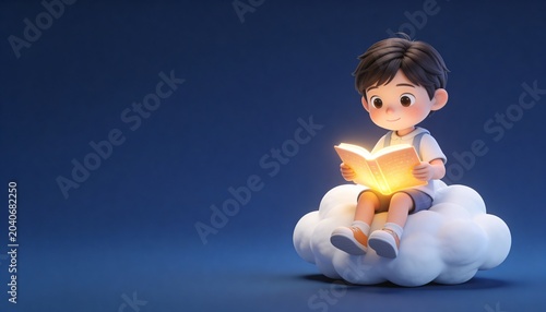 3D cartoon boy reading a glowing book while sitting on a cloud. Imagination and education concept. International Children's Day illustration with copy space on blue background