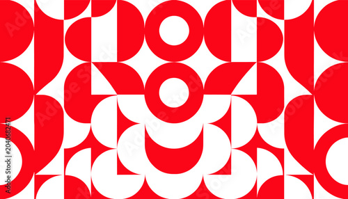 Foto Vibrant red and white geometric pattern with repeating circular and semicircular shapes creating an abstract, symmetrical design