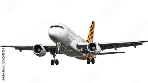 Canvastavla White passenger jet airplane with tiger stripes on tail landing gear down, isola