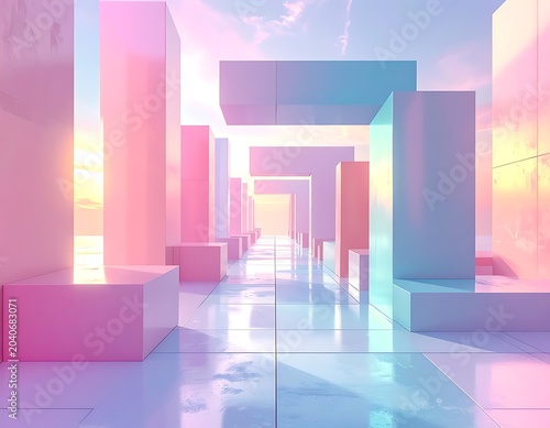 A futuristic cityscape with pastel-colored blocks and reflective floor