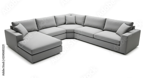 Modern grey sectional sofa with chaise lounge isolated on white background.