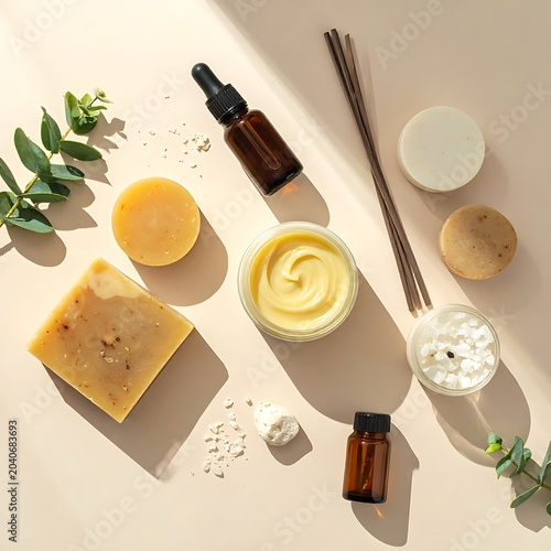 A flat lay of natural skincare products and plants on a beige surface