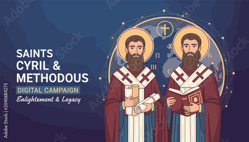 Photography Digital campaign poster featuring Saints Cyril and Methodius, highlighting their legacy of enlightenment and cultural impact