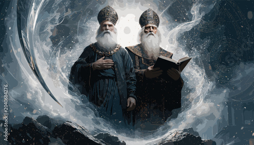 Tableau sur toile Two ancient, bearded men in ornate robes and miters stand within a swirling cosmic vortex, one holding a book, surrounded by debris