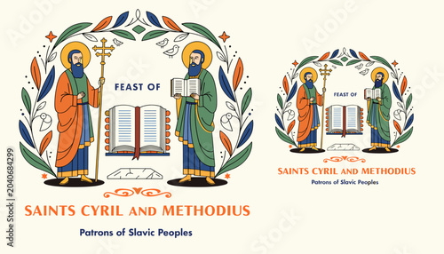 Quadro su tela Illustration celebrating Saints Cyril and Methodius, patrons of Slavic peoples, featuring their iconography and a stylized wreath