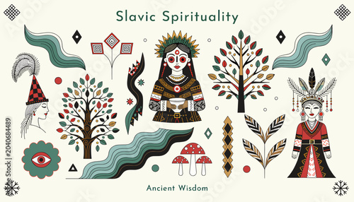 Cuadro en lienzo A vibrant illustration depicting Slavic spirituality with ancient wisdom, featuring symbolic imagery of figures, trees, and natural elements