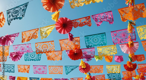 Colorful papel picado flags hanging against blue sky background  