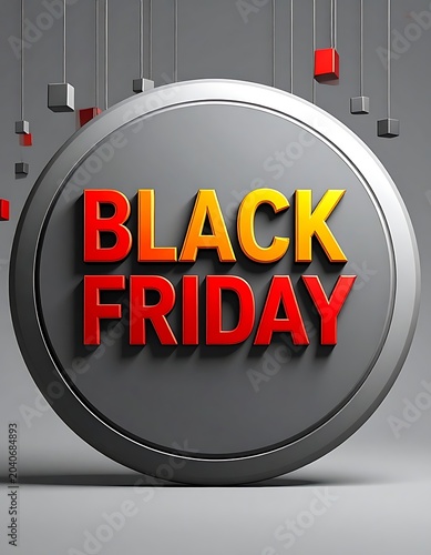 A metallic button with Black Friday text on a gray background