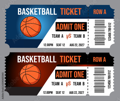 Tableau sur toile Basketball tickets, sports event tickets, admit one, vector template design tick