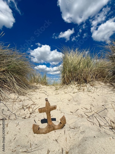 wooden anchor in the sand dunes near the sea	
