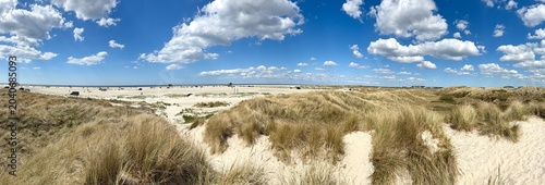 landscape with sand dunes and dune grass over the Long Beach with summer clouds
