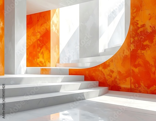 A minimalist interior with white stairs and vibrant orange walls