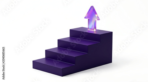 Business success and milestone achievement concept with 3D purple stairs and vertical rising arrow achievement business milestone vertical progress climbing increase corporate objective