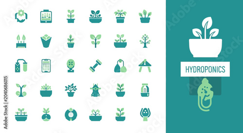 Foto Hydroponics technology and cultivation, a collection of icons representing urban