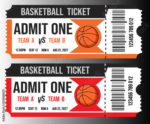 Fotografía Basketball ticket stubs, admit one, sports event, orange and white, vector ticke