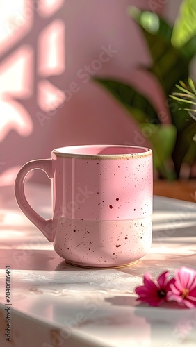 A pink speckled mug on a marble countertop with flowers