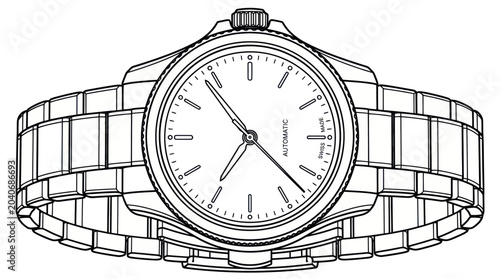 Fotografija Line Art Drawing of a Classic Automatic Wristwatch with Metal Band