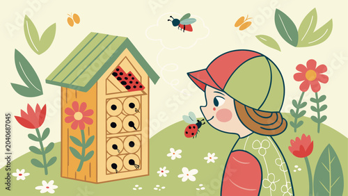 Very beautiful child examining a charming insect hotel in a blooming garden, discovering beneficial insects and learning how small creatures contribute to healthy ecosystems and biodiversity.
