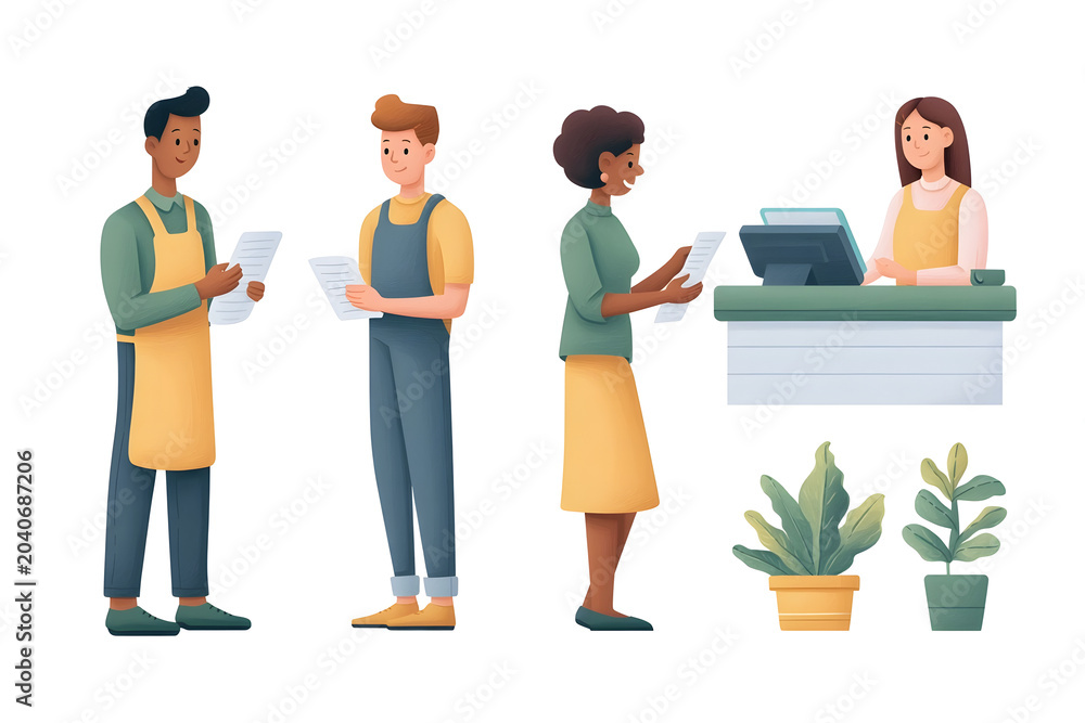 Obraz premium Engaging Retail Scene: Dynamic Interaction Between Employees and Customers in a Vibrant Store Environment With Lush Greenery