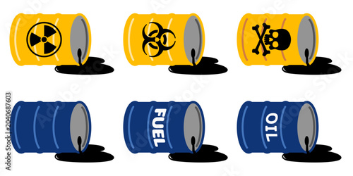 危険物ドラム缶の漏れアイコン 放射線・バイオ・毒・燃料の流出を表す素材　Leaking Hazard Barrel Icon Radioactive Biohazard Toxic Fuel Spill Symbol Set
