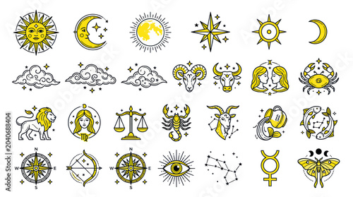 Foto Astrology Symbols Collection: Zodiac Signs, Celestial Bodies, and Constellations