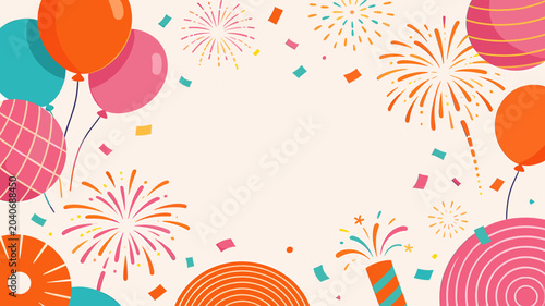 Vibrant festive background with colorful balloons, sparkling fireworks, and scattered confetti, perfect for celebrations and happy events.