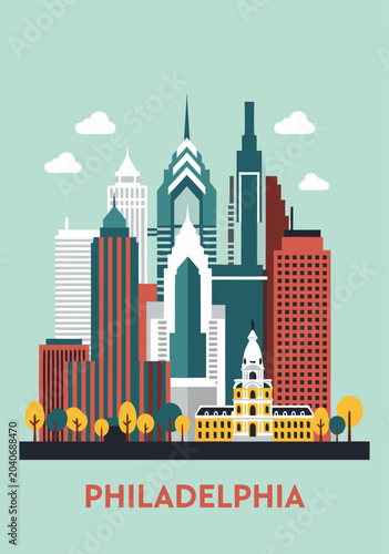 Obraz na plátně Vibrant Philadelphia city skyline vector illustration showcasing iconic skyscrap