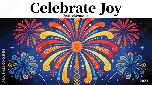 Bild auf Leinwand A vibrant illustration of a festive fireworks display exploding in a dark blue night sky, featuring colorful bursts of red, orange, yellow, and blue, with text 'Celebrate Joy'