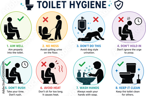 Toilet Hygiene Rules Infographic - Public Restroom Etiquette and Bathroom Bathroom Vector Poster