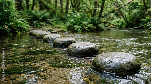 Grey river rocks arranged as a bridge crossing a small creek within a sunlit green wood with crossing woodland landscape serenity environment wilderness
