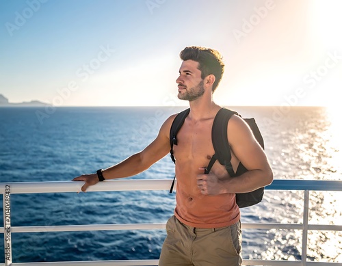 A shirtless man with a backpack on a boat