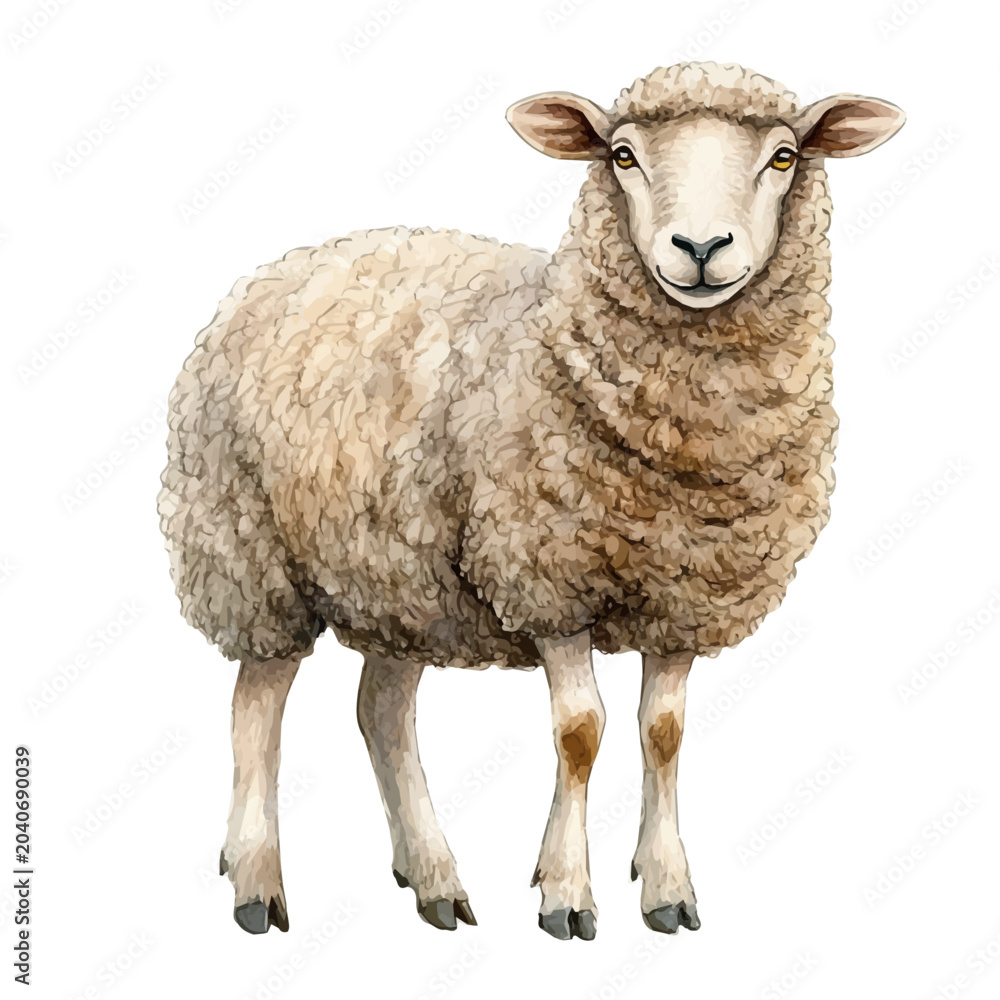 Fototapeta premium Sheep, detailed watercolor clipart vector, isolated on a pure white background.