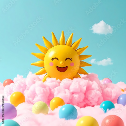 A smiling cartoon sun in pink fluffy material with colorful balls