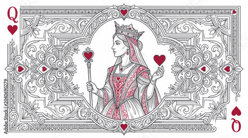 Photos Queen of Hearts playing card, vintage ornate frame, intricate line art, royal po