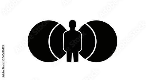 Silhouette of a person standing between two large overlapping circles, minimalist graphic design