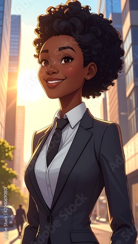 A smiling woman in business attire standing in a modern city