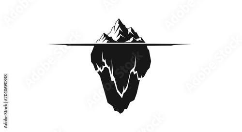 Minimalist black and white illustration of an iceberg, showing both above and below water levels, abstract concept