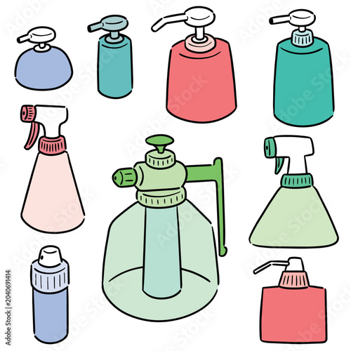 Hand drawn illustration of plastic pump bottle and spray bottle
