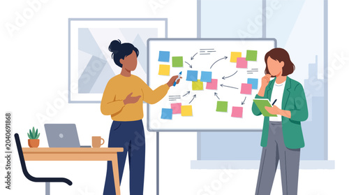 Creative professionals organizing ideas on a whiteboard with sticky notes, demonstrating collaboration, innovation, strategic planning, and design thinking processes