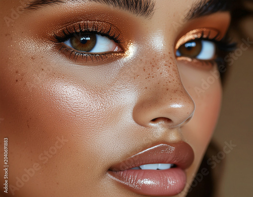 Close up of glossy lip makeup with hyper realistic texture