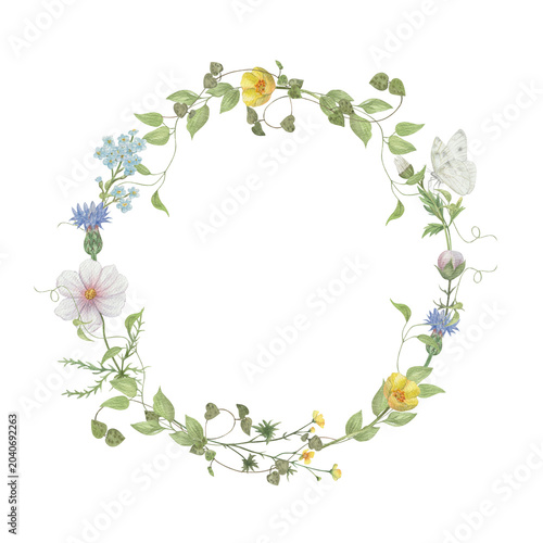 Tableau sur toile Watercolor floral delicate wreath with different meadow flowers