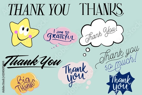 Thank You Typography Collection with Hand Drawn Appreciation Quotes and Cute Illustrations,Thank You Lettering Set with Gratitude Quotes, Stickers and Handwritten Text
