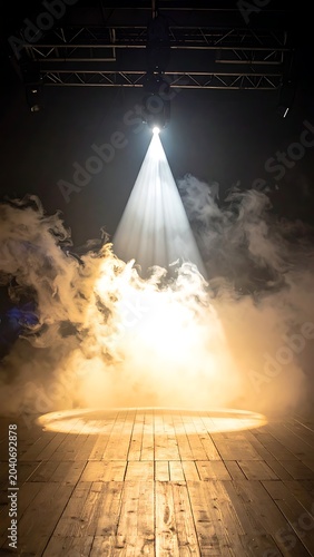 A solitary spotlight shines on a circular area amidst smoke on a wooden floor
