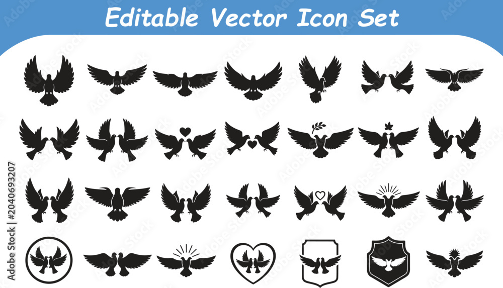 Fototapeta premium Set of flying dove silhouette vector icons for peace and love designs with silhouette, template