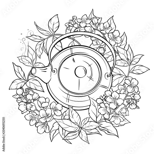 Jasmine Tea in Teapot aroma beverage Outline Illustration. Vector isolated for Design and Decoration for Cafeteria, Posters, Banners, Cards.