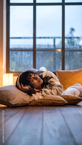 A woman rests on pillows by a rainy window