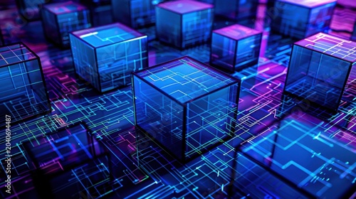 Neon glass cubes over a glowing circuit grid with blue, cyan and magenta lights, futuristic technology background for data, blockchain and digital systems.