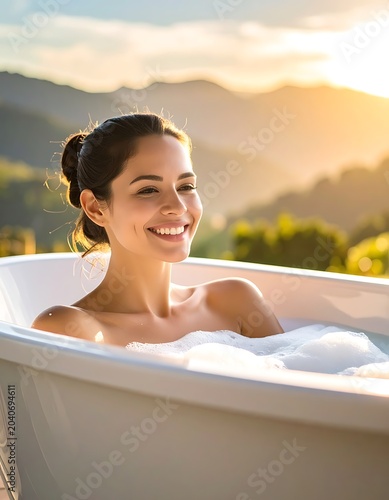 A woman in a bathtub with a scenic view